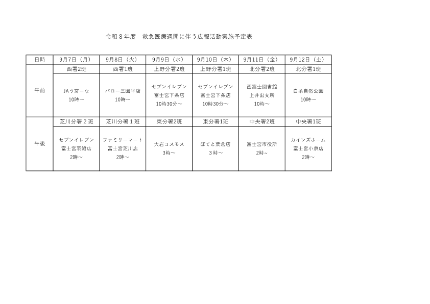 9月7日（月曜日）から9月12日（土曜日）までの期間での広報実施場所一覧